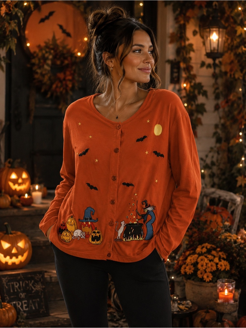 Vintage Halloween Cardigan | Size XL | Spooky Embroidered Details